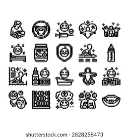 Infancy development and baby care outline icon set depicting stages of growth, parenting, health and nurturing, feeding, sleeping, bathing, vaccination, milestones, safety, family support