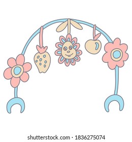 Infant Arch With Hanging Toys For Baby Seat,rocker And Bassinets In Color Doodle Style. Flat Style With Outline. Hand Drawn Vector Illustration Isolated On White. Pastel Colors, Pink, Blue, Beige.