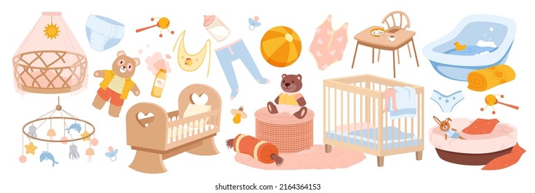 Infant baby care equipment, furniture and clothes set vector illustration. Cartoon cute bath with rubber duck, teddy bear and rabbit toys, bottle and pacifier, diaper and cradle isolated on white