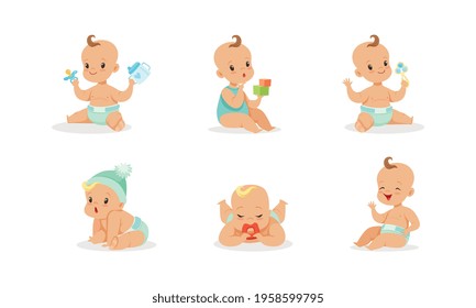 Infant Baby Different Activities Set, Adorable Baby Boys and Girls Playing Toys, First Year Games and Development Cartoon Vector Illustration