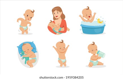 Infant Baby Different Activities Set, Adorable Baby Boys and Girls Playing Toys, Feeding, Bathing and Sleeping Cartoon Vector Illustration