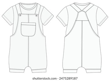 Infant Baby dungaree fashion flat sketch With T-Shirt template boys and girls dungaree 