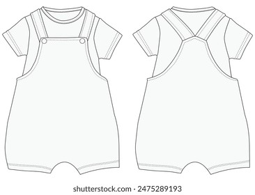 Infant Baby dungaree fashion flat sketch With T-Shirt template boys and girls dungaree 