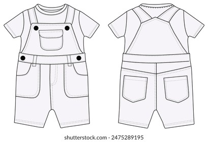 Infant Baby dungaree fashion flat sketch With T-Shirt template boys and girls dungaree 