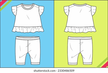 INFANT BABY GIRL TOP AND BOTTOM SKIRT,FRONT AND BACK VIEW SKETCH FASHION TEMPLATE TECHNICAL ILLUSTRATION