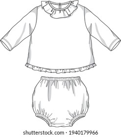 Infant baby top and bottom bloomer set flat sketch illustration, Frill top detail 