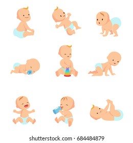 Infant baby vector characters. Newborn in different activity isolated on white. Child character girl and boy illustration