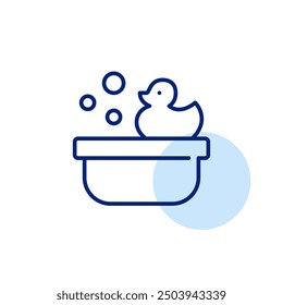 Infant bath, soap bubbles and rubber duck. Baby bathing supplies. Pixel perfect, editable stroke icon