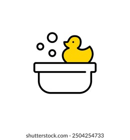 Infant bath, soap bubbles and rubber duck. Baby bathing supplies. Pixel perfect vector icon