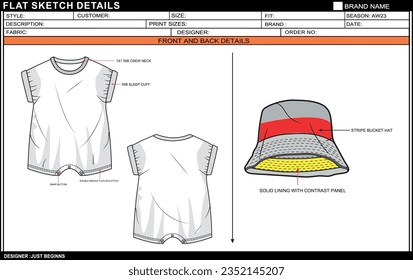 INFANT BODYSUIT WITH BUCKET HAT FLAT SKETCH FASHION TEMPLATE TECHNICAL DRAWING ILLUSTRATION