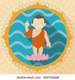 Infant Buddha with right forefinger pointed up to the sky and his left down to the earth, over a lotus in blue background with waves pattern like water and floral frame for Buddha Purnima tradition.