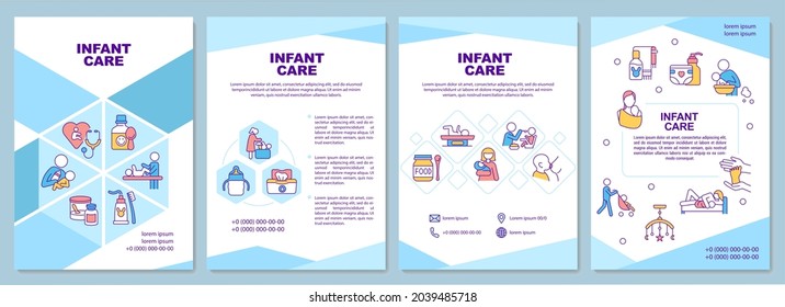 Infant care brochure template. Baby health care. Nappy changing. Flyer, booklet, leaflet print, cover design with linear icons. Vector layouts for presentation, annual reports, advertisement pages