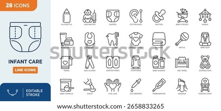 Infant care line editable icon set. Contain icons related to  infant care, child care, baby, and more. Editable stroke. Vector illustration