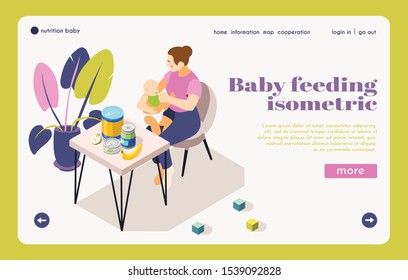 Infant care nutrition information isometric landing page with mother feeding baby choosing healthy child products vector illustration 