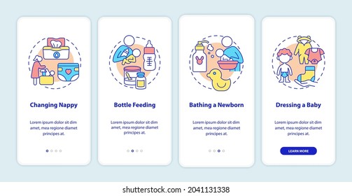 Infant care onboarding mobile app page screen. Mother looking after newborn walkthrough 4 steps graphic instructions with concepts. UI, UX, GUI vector template with linear color illustrations