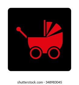 Infant Carriage vector icon. Style is flat rounded square button, intensive red and black colors, white background.