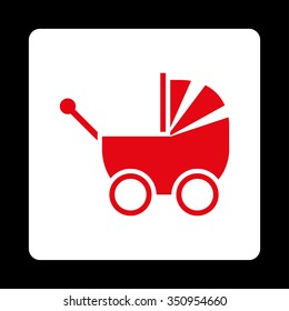 Infant Carriage vector icon. Style is flat rounded square button, red and white colors, black background.