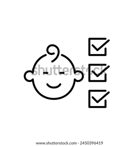 Infant and check list, approve marks. Health monitoring checkup in babies. Pediatrics care and assessment. Pixel perfect