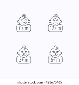 Infant child, 0 months child and toddler baby icons. 0-12 months child linear sign. Flat linear icons on white background. Vector