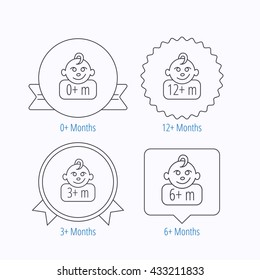 Infant child, 0 months child and toddler baby icons. 0-12 months child linear sign. Award medal, star label and speech bubble designs. Vector
