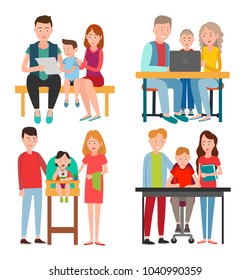 Infant child eating from bowl in baby chair, mother and father on bench, help teenager in doing homework and watch movie together vector illustrations set