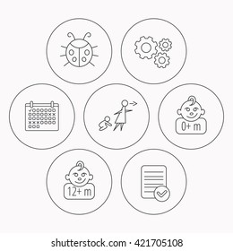 Infant child, ladybug and 0+ months child icons. Unattended child linear sign. Check file, calendar and cogwheel icons. Vector