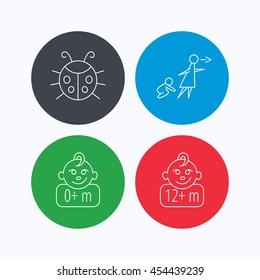 Infant child, ladybug and 0+ months child icons. Unattended child linear sign. Linear icons on colored buttons. Flat web symbols. Vector