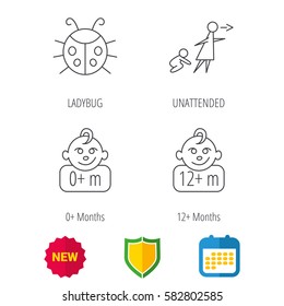 Infant child, ladybug and 0+ months child icons. Unattended child linear sign. Shield protection, calendar and new tag web icons. Vector