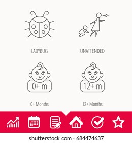 Infant child, ladybug and 0+ months child icons. Unattended child linear sign. Edit document, Calendar and Graph chart signs. Star, Check and House web icons. Vector