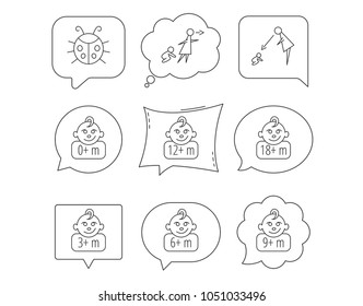 Infant child, ladybug and toddler baby icons. 0-18 months child linear signs. Unattended, parents supervision icons. Linear Speech bubbles with icons set. Comic chat balloon. Vector