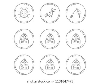 Infant child, ladybug and toddler baby icons. 0-18 months child linear signs. Unattended, parents supervision icons. Linear Circles web buttons with icons. Vector