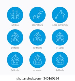 Infant child, ladybug and toddler baby icons. 0-18 months child linear signs. Unattended, parents supervision icons. Blue circle buttons set. Linear icons.