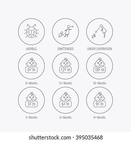 Infant child, ladybug and toddler baby icons. 0-18 months child linear signs. Unattended, parents supervision icons. Linear colored in circle edge icons.