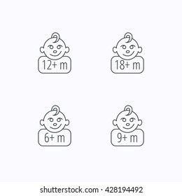 Infant child and toddler baby icons. 6-18 months child linear sign. Flat linear icons on white background. Vector