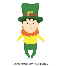 Infant in costume St. Patrick. Little boy with a red beard in a big green hat.