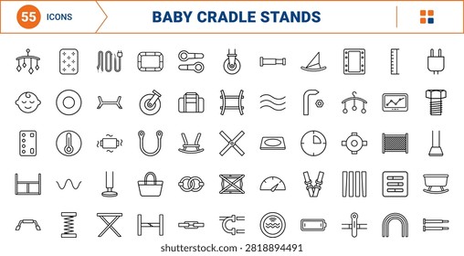 Infant cradle rocking stand line icon set covering bassinet, nursery, sleep, and baby concepts, thin linear illustration.