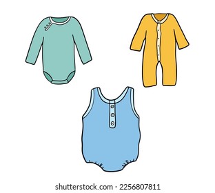 Ilustraciones de traje corporal lindo para niños. Vector Ropa de bebé aislada en blanco