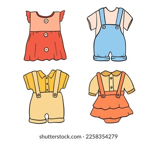 Infant cute dress and denim, pants set. Color Baby girl and boy clothes isolated on white