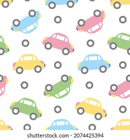 Infant cute pattern with cars in pastel color. Sweet cartoon little transport for preschoolers. Nice seamless ornament for baby boy on white background. Simple flat vector illustration easy to recolor