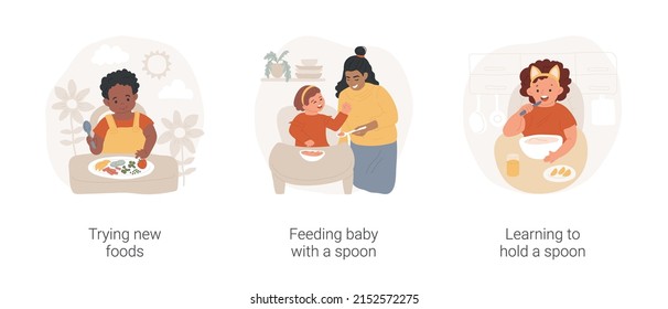 Infant Eating Habits And Skills Isolated Cartoon Vector Illustration Set. Trying New Foods, Feeding Baby With A Spoon, Learning To Hold A Spoon, Early Childhood, Daycare Center Vector Cartoon.