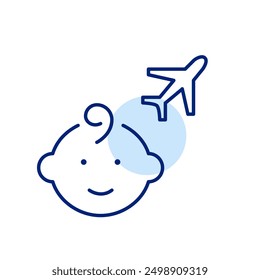 Infant face and airplane. Flying with babies. Family-friendly travel services. Parenting on the go. Pixel perfect, editable stroke icon