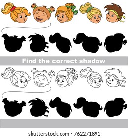 Infant Faces set to find the correct shadow, the matching educational kid game to compare and connect objects and their true shadows, simple gaming level for preschool kids.