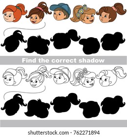 Infant Faces set to find the correct shadow, the matching educational kid game to compare and connect objects and their true shadows, simple gaming level for preschool kids.