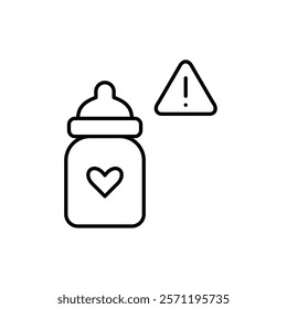 Infant feeding bottle with heart and danger alert. Potential risks in formula preparation or bottle material. Pixel perfect vector icon