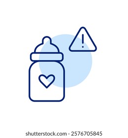 Infant feeding bottle with heart and danger alert. Potential risks in formula preparation or bottle material. Pixel perfect, editable stroke icon