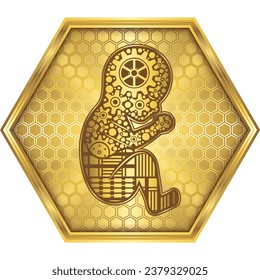 Infant, Fetal Development, Baby Reproduction, Obstetrics, Human Organ Biomedical Engineering Cybernetic Robotic Circuit Board Nanotechnology Icon Logo Button Design Golden Hexagon On White Background