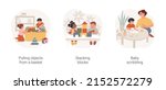 Infant fine motor skills development isolated cartoon vector illustration set. Pulling objects from basket, stacking blocks, baby scribbling, child building tower, learning to draw vector cartoon.