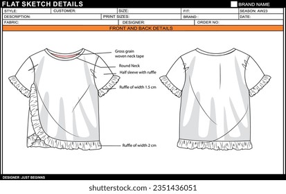 INFANT GIRLS RUFFLE HEM AND SLEEVE FLAT SKETCH FASHION TEMPLATE TECHNICAL DRAWING ILLUSTRATION