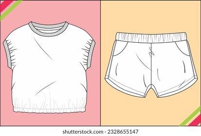 INFANT GIRLS T SHIRTS WITH SHORTS SET SKETCH FASHION TEMPLATE TECHNICAL ILLUSTRATION