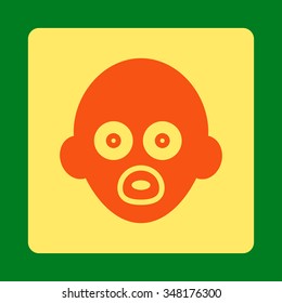 Infant Head vector icon. Style is flat rounded square button, orange and yellow colors, green background.